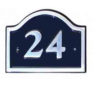 An aluminium house number sign with a black background