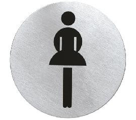 ladies toilet sign which is circular and in stainless steel